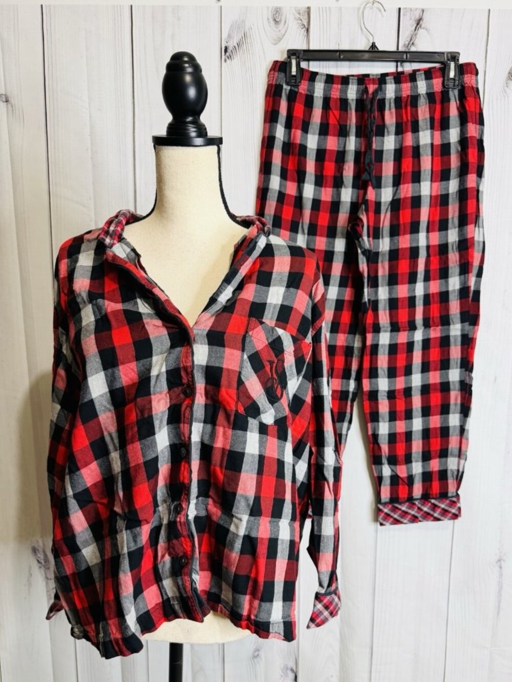 Victoria Secret Pajama Set Sz L Red Black Plaid Button Up Top Drawstring Pants